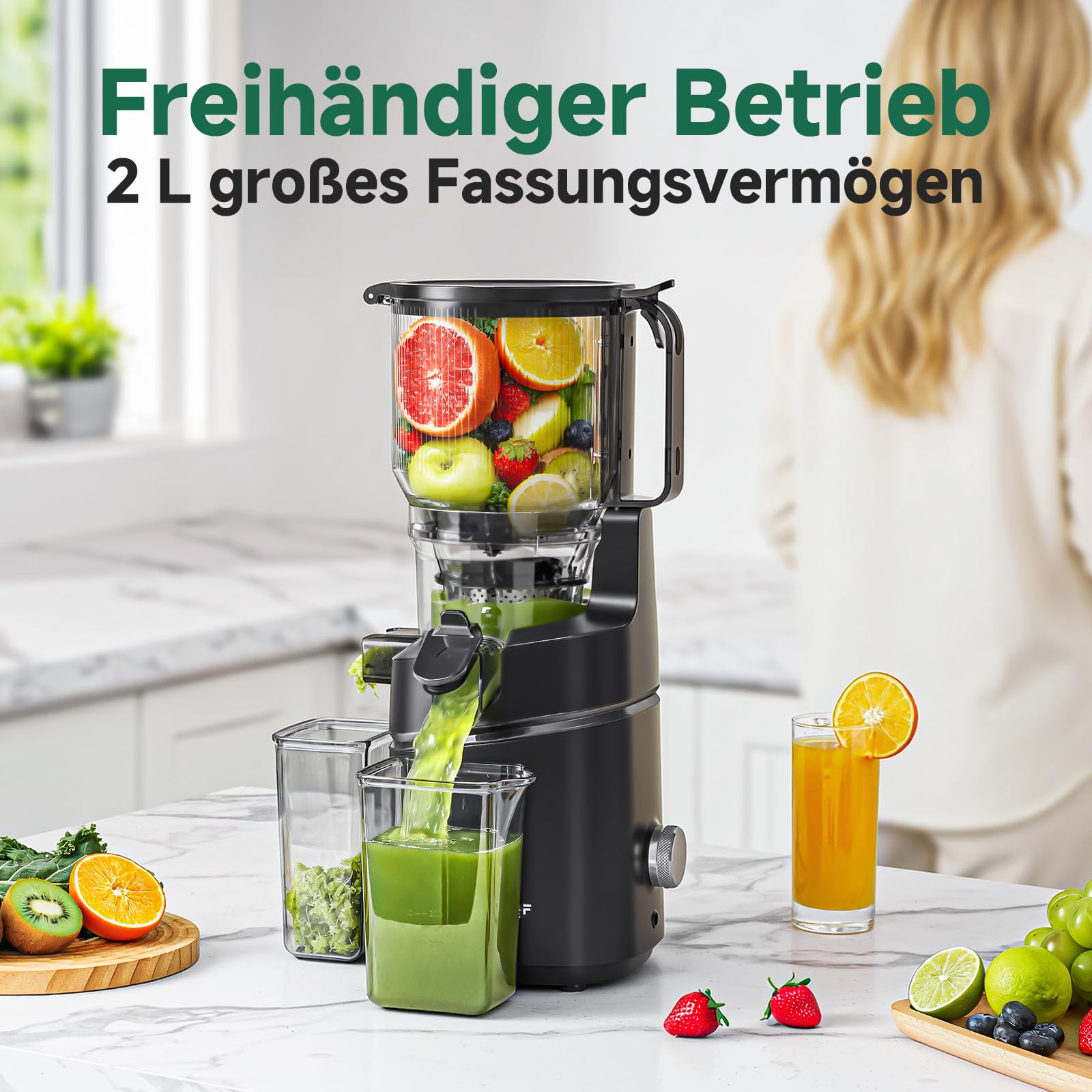 AMZCHEF 250W Automatischer All-In-One Entsafter, 150MM Öffnung, 2L Kaltpress Slow Juicer mit Dreifachem Filter - Schwarz