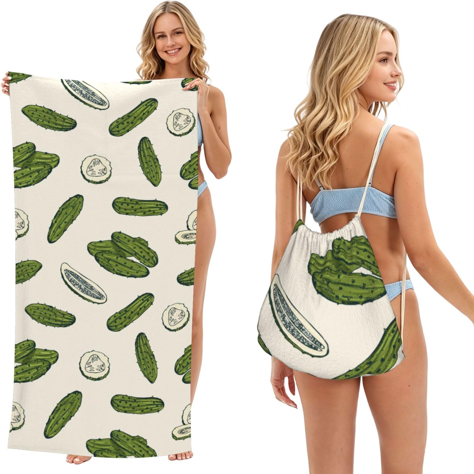 Poadnly As Picture Cucumber Pickle, 2 In 1 Packable Towel Bag, Beach Towels With Drawstring Backpack For Travel Holiday Camping