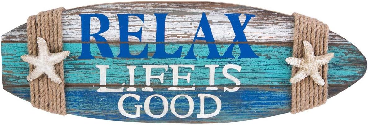 Beachcombers Relax Life is Good Surfboard Shape Coastal Plaque Wall Sign with Starfish Wall Hanging Decor Decoration for The Beach Blue