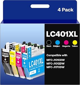 LC401XL Ink Cartridge Replacement for Brother LC401 LC401XL Ink Cartridges Work with MFC-J1170DW J1010DW J1012DW Printer (Black, Cyan, Magenta, Yellow, 4 Pack)