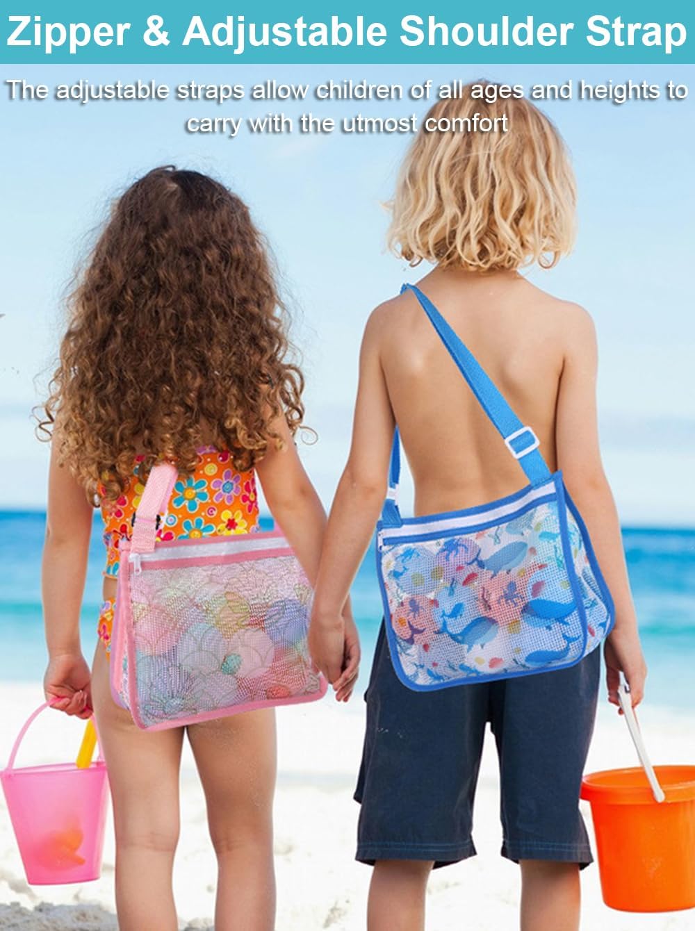 2 Pack Seashell Mesh Bags with Zipper, Shell Bag for Sand Toys Mesh Bag for Toys, Beach Must Haves for Kids Beach Essentials