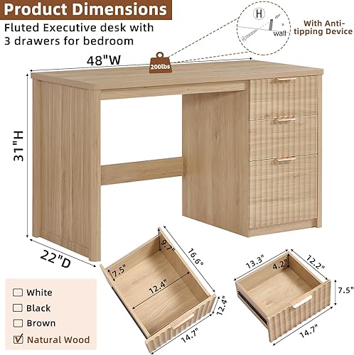 Miniatura 2 de Escritorio ejecutivo moderno acanalado de 48 pulgadas con armario de almacenamiento, escritorio de oficina en casa de madera natural con cajón de