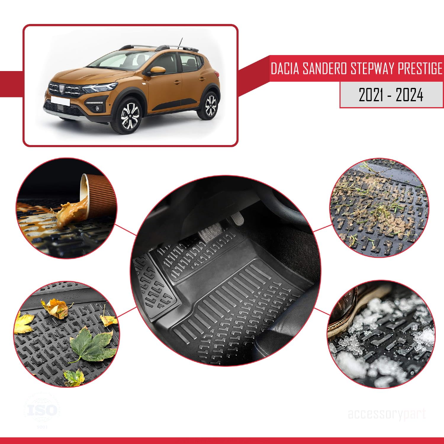 TAPPETINI AUTO PER DACIA SANDERO III (2021-2024) – Set 4 Pezzi In Dura Graphit Con Bordo Marrone, Antiscivolo, Facili Da Pulire, Con Protezione Tallone - 4