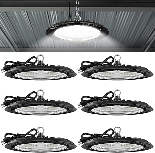 Sunco Lighting Paquete de 6 luces LED UFO de alta bahía, iluminación Plug & Play para almacén, luz diurna de 5000 K, 150 W, cable de alimentación