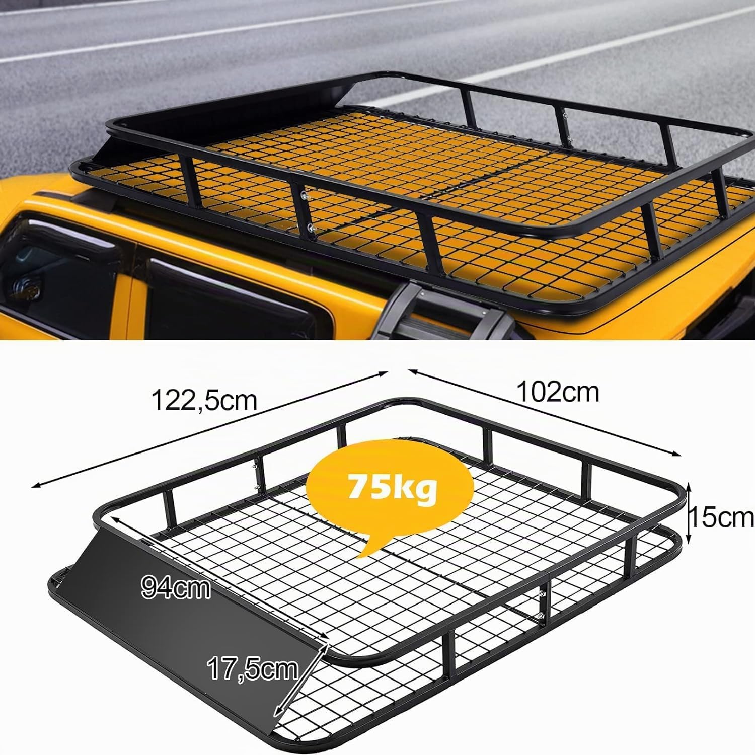 GYMAX Barras de Techo con Cortavientos, Portaequipajes de Metal, Resistentes a la Intemperie hasta 75 kg, Cesta de Equipaje para SUV y Camiones, 122,5 x 102 x 15 cm