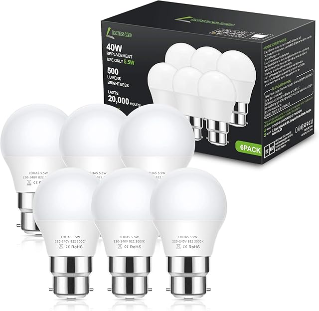 LOHAS-LED B22 LED Bayonet Light Bulb, 5.5W LED Bayonet Bulb Equivalent to 40W Incandescent Bulb, 3000K Warm White, 500LM, G45 Energy Saving Light Bulb for Home Lighting, Non-dimmable, Pack of 6