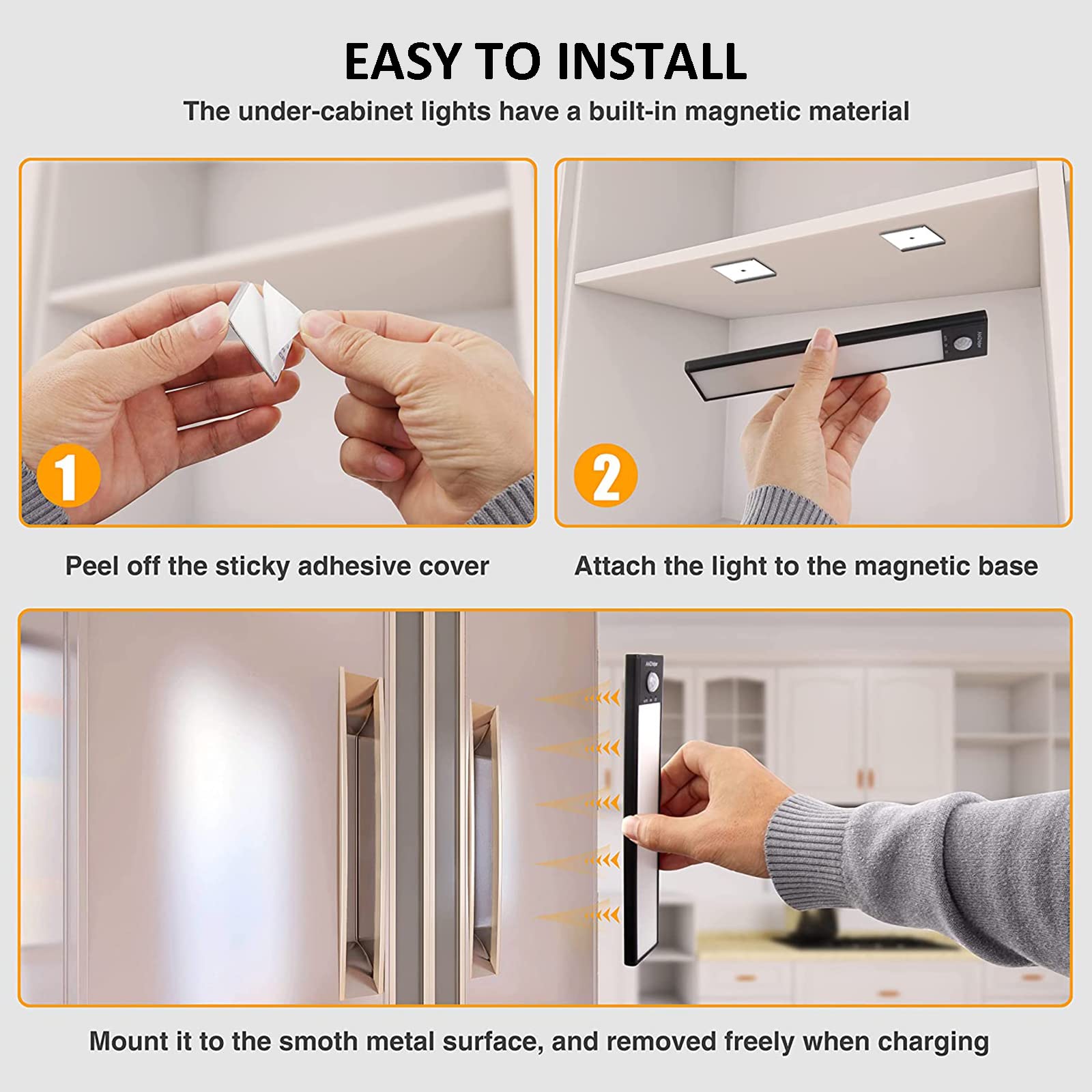 Luz Armario Led Sensor Movimiento 41 Led 30Cm, Luces LED Armario Pilas Sin Cable, 3 Modos, USB Recargable, Tira Magnética, Luz Nocturna Para Cocina Pasillo Armarios Escalera,Negro