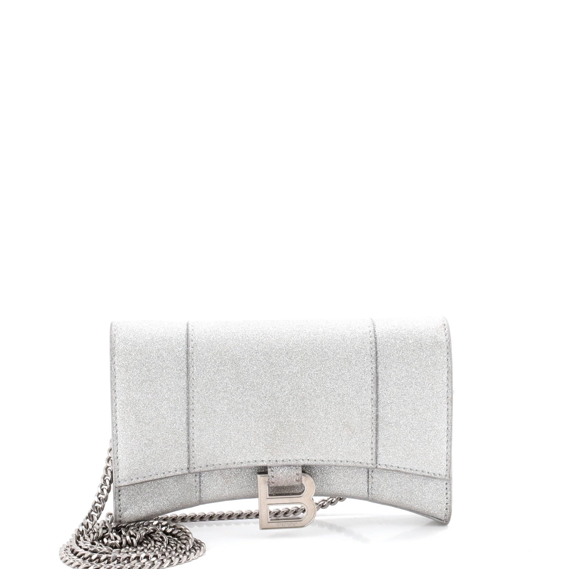 Pre-Loved Hourglass Chain Wallet Glitter Leather, Gray