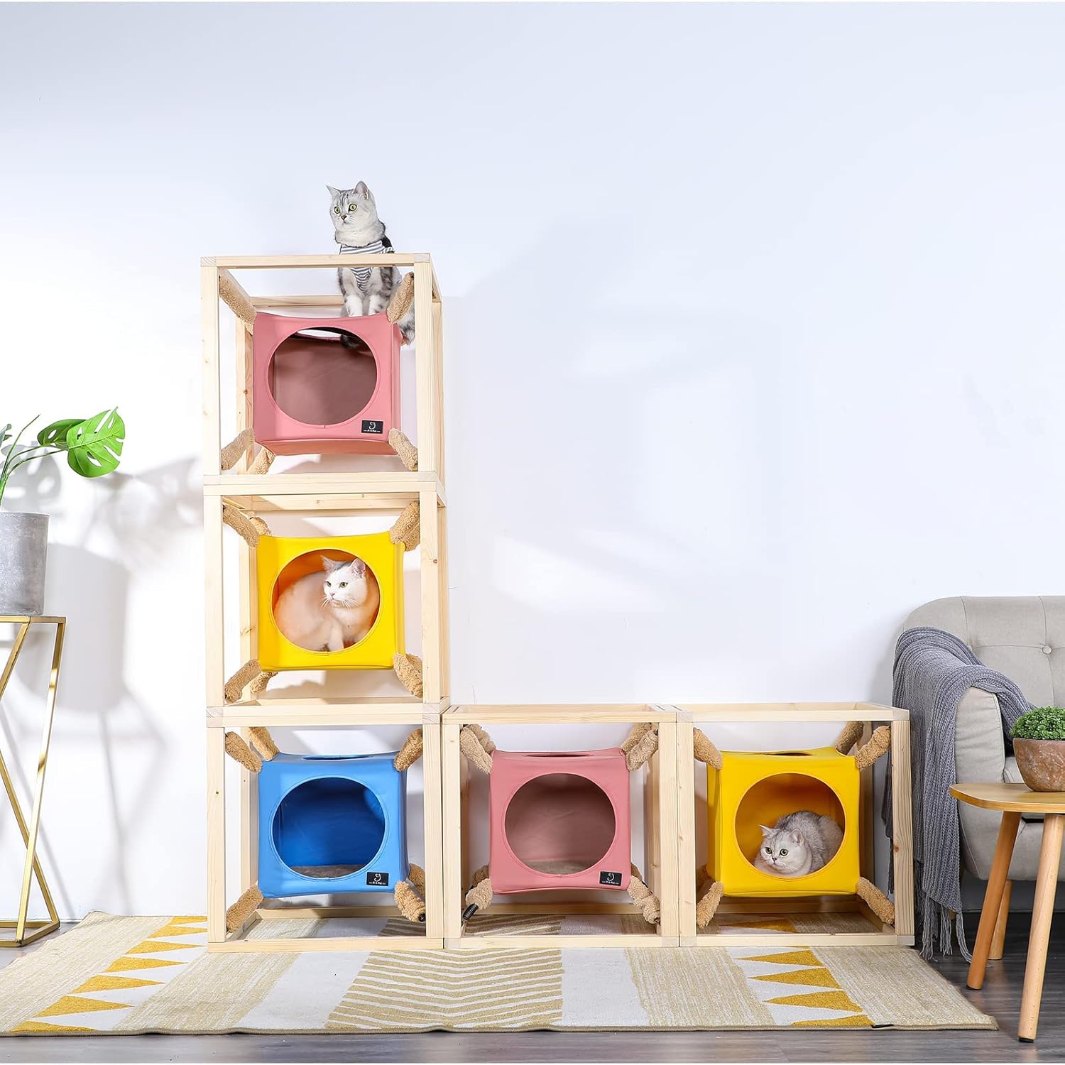 A 4 Pet Stackable Cat Cave, Modern Cat Tree for Large Cats, Wood Cat Tower Cat Condo Cat House Cat Hammock for Indoor Cats