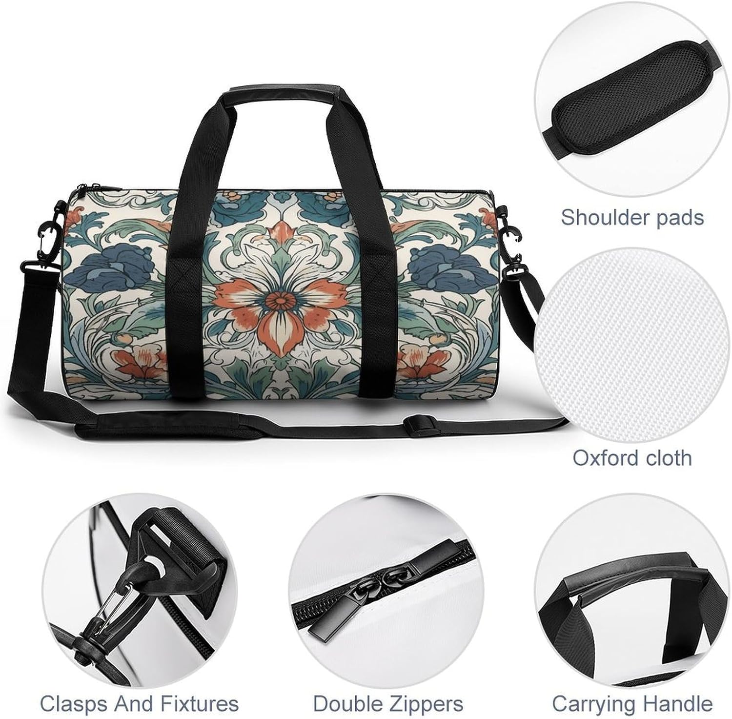 Retro Floral Pattern Gym Bag Hand-held Fitness Bags Cylindrical Fitness Bag with Shoe Large Compartment Duffle Bags for Travel Sports Unisex image 5