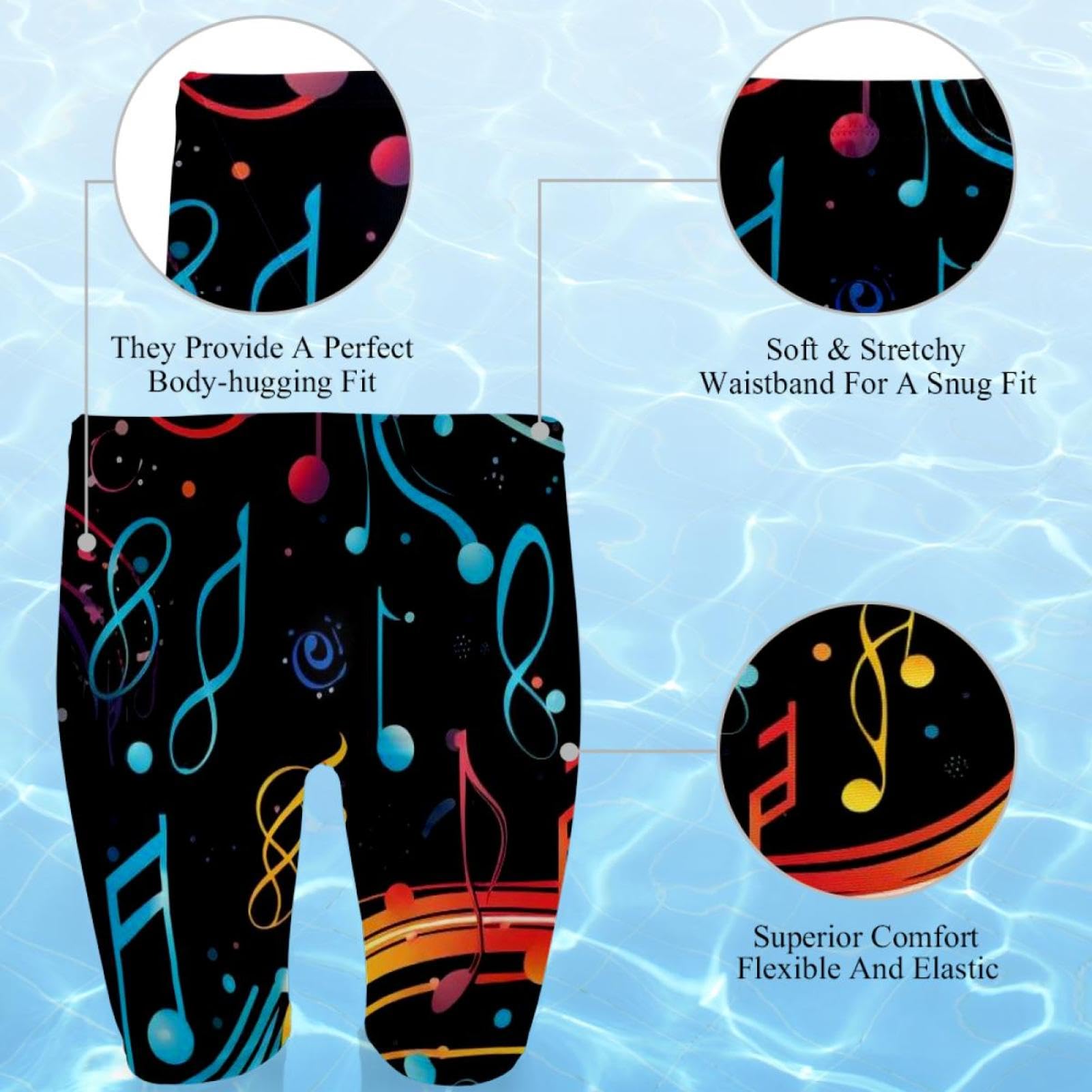 Colorful Music Notes Swimsuit for Men & Boys,Competition Lap Swim Suit, Square Leg Endurance Training