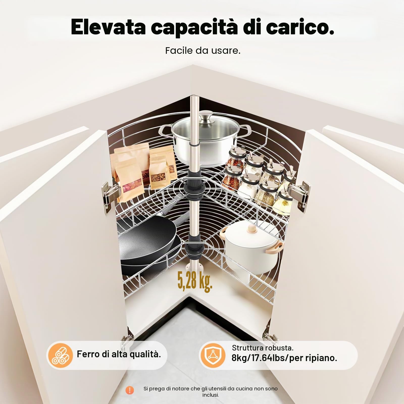 Carrello per Pentole per Armadio da Cucina, 270° Ripiano Girevole per Armadio da Cucina ad Angolo a 2 Ripiani, Cassetto per Pentole, Armadio da Cucina ad Angolo, Larghezza 71cm