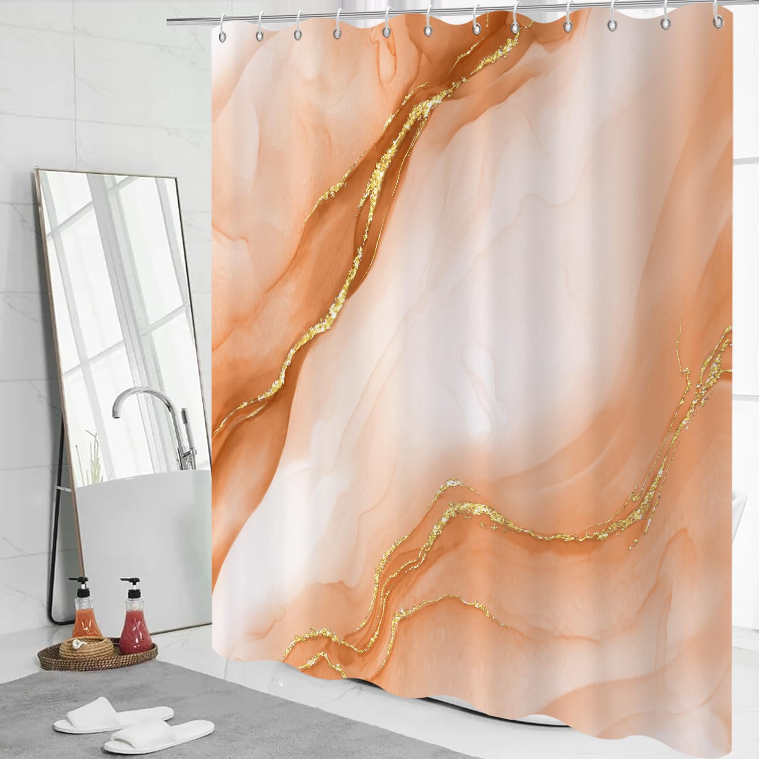 GCIREC Shower Curtain, 120x200cm, Light Orange Gradient with Gold Marble Modern Art Waterproof Fabric Machine Washable Bathroom Curtain with Hooks — image 1