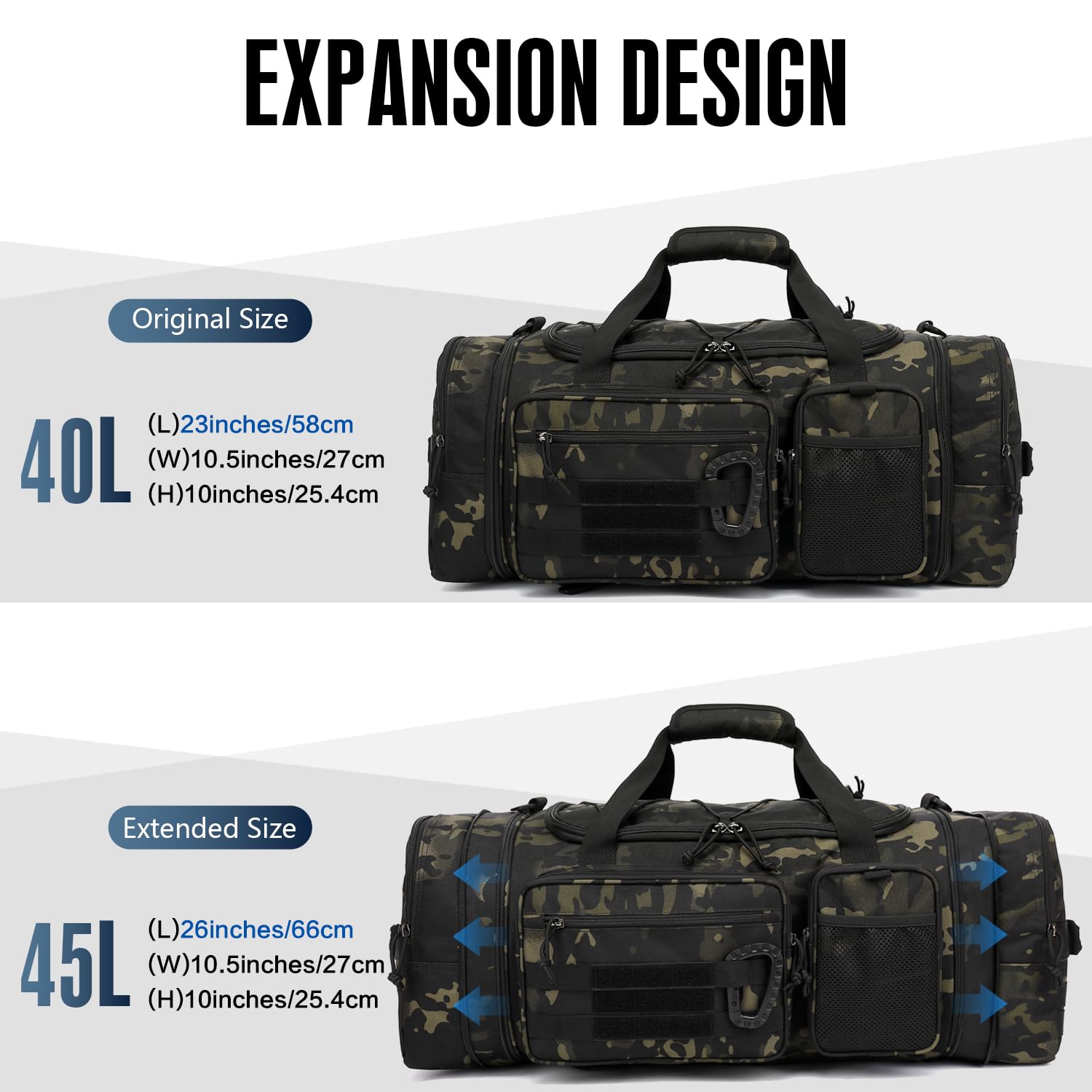 Borsone Tattico Palestra Uomo 50-55 Litri Espandibile 3 in 1 Borsa Zaino Sportiva Grande Militare da Viaggio con Scomparto per Scarpe e Tasca Bagnata per Allenamento, Viaggi, Campeggio, Camo