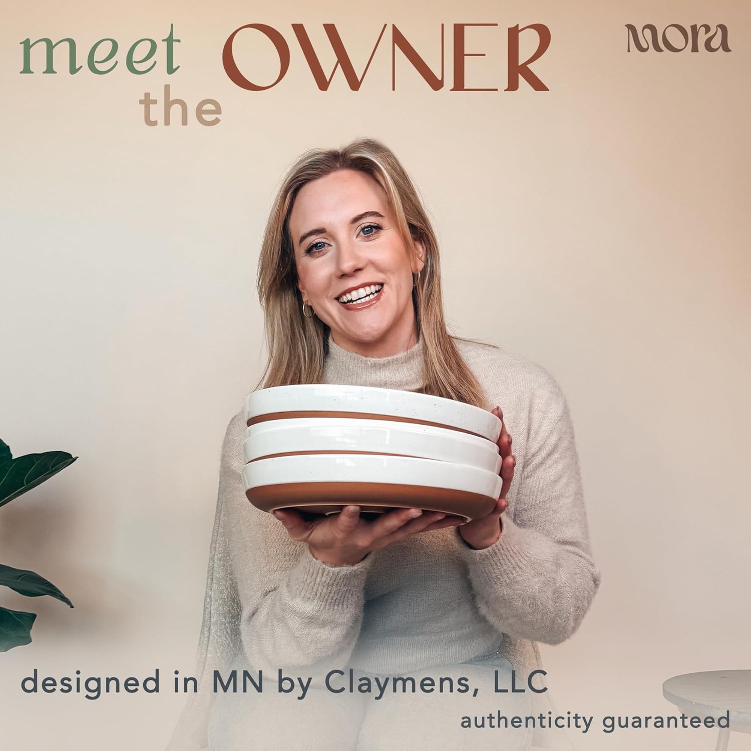 MORA Ceramic Flat Pasta Bowl Set of 4-35oz, Microwave Safe Plate with High Edge - Modern Porcelain Dinnerware for Kitchen and Eating, Large Wide Bowls/Plates for Serving Dinner, Salad, etc- Vanilla - Image 4