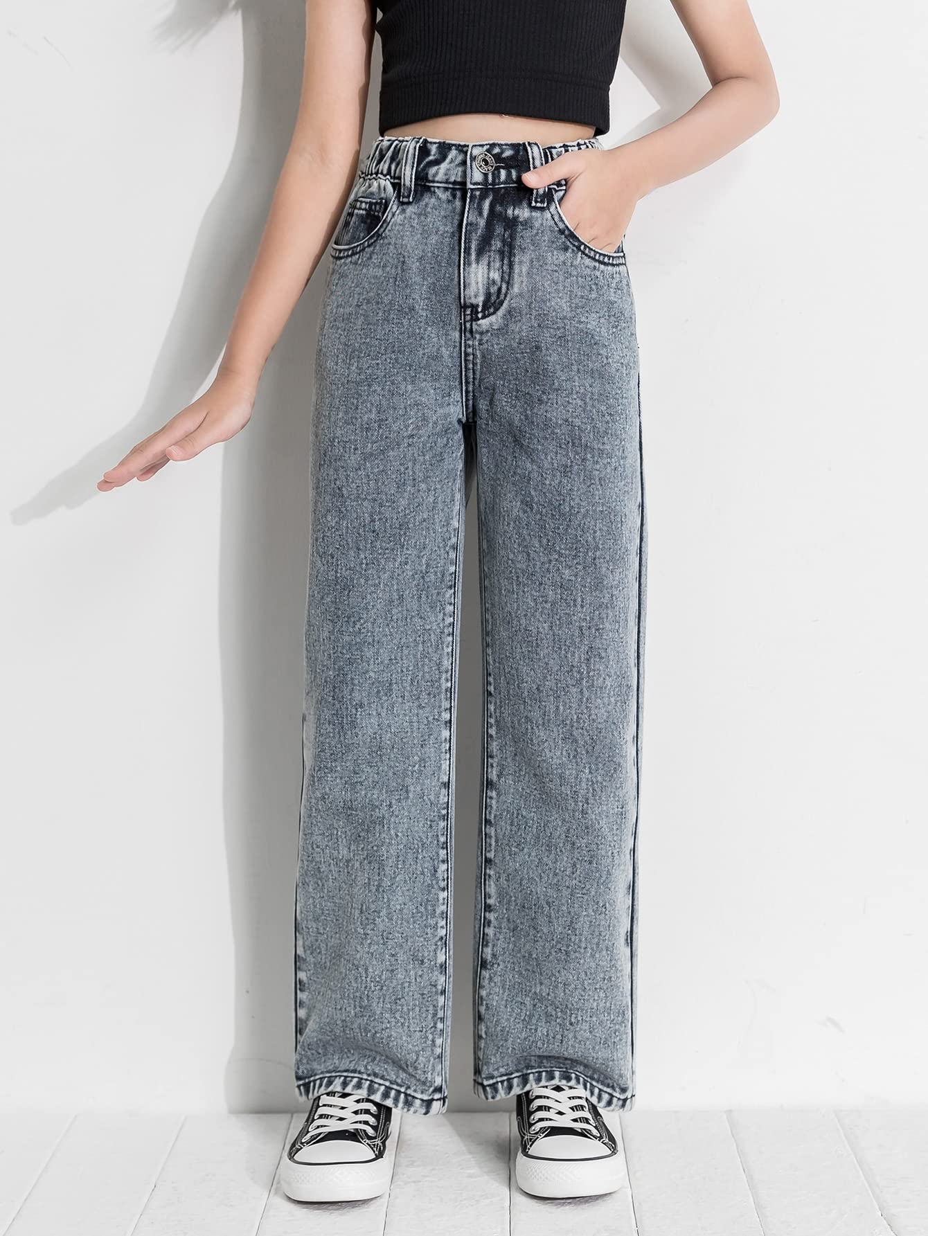 Floerns Jeans largos de mezclilla de cintura alta y pierna recta con bolsillo