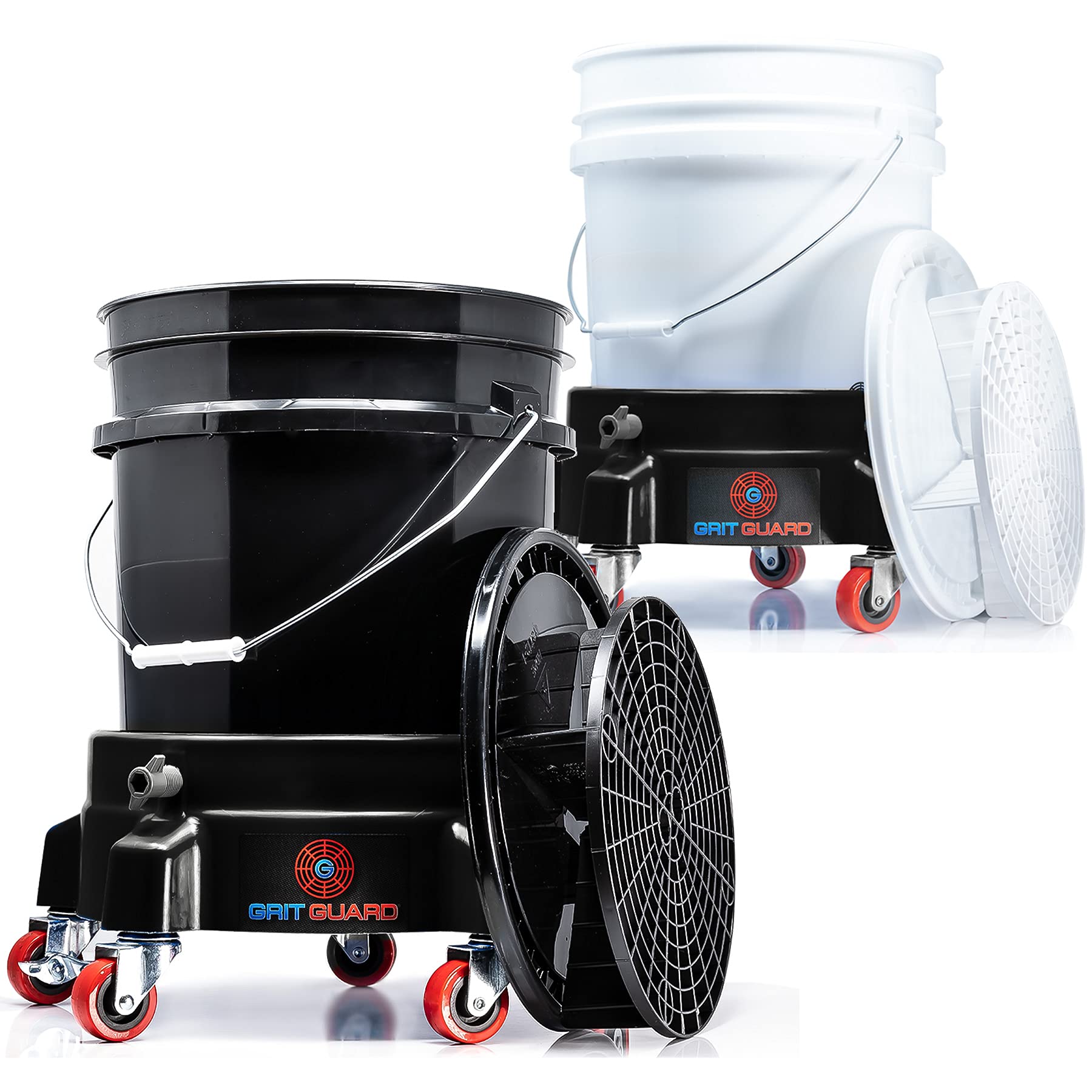 detailmate Black & White Juego completo | 2 cubos de lavado Magic Bucket de 20 litros/5GAL + 2 x coladores de suciedad + 2 x tapas + 2 x carritos de cubo negro y blanco | Accesorios para el lavado