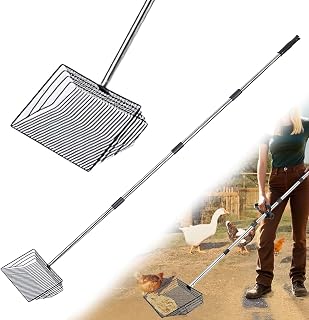 Chicken Poop Scooper: 15-Inch Large with Ergonomic Grip, 5-in-1 Heavy Duty Adjustable Coop Scoop (24 to 68 Inches), Stainless Steel Sifting Litter Shovel for Chicken Coop Cleaning