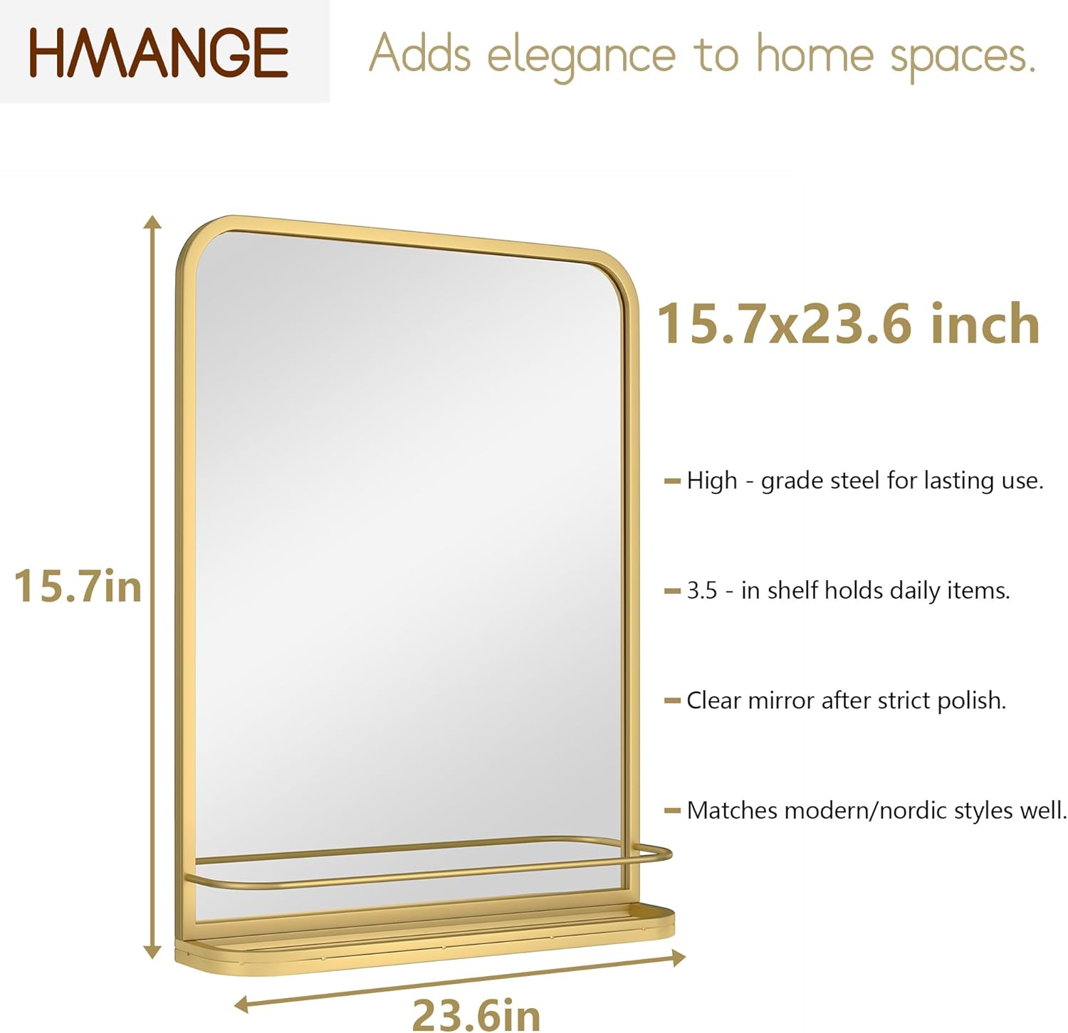 Bathroom Mirror with Shelf for Shaving, 15.7x23.6 Inch Wall-Mounted Rectangle Metal Mirror with Storage, Matte Black Vanity Mirror with Rounded Corners for Over Sink, Decor(Gold/15.7x23.6 in)