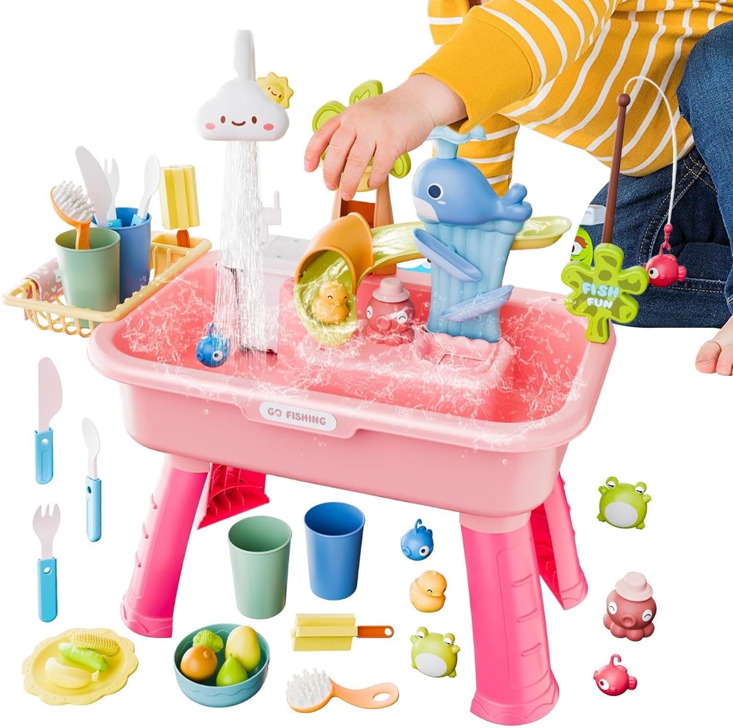 Aquatic Activity Table – Fishing Game Set, 4 in 1 Children's Sink with Running Water and Pump – for Boys and Girls from 4 to 8 Years, Summer Outdoor Swimming Pool