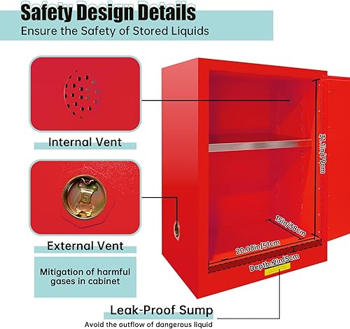Vista 12 de Gabinete de seguridad inflamable de 18.11 x 18.11 x 35.5 pulgadas, gabinete de almacenamiento inflamable grueso de acero galvanizado, gabinete a