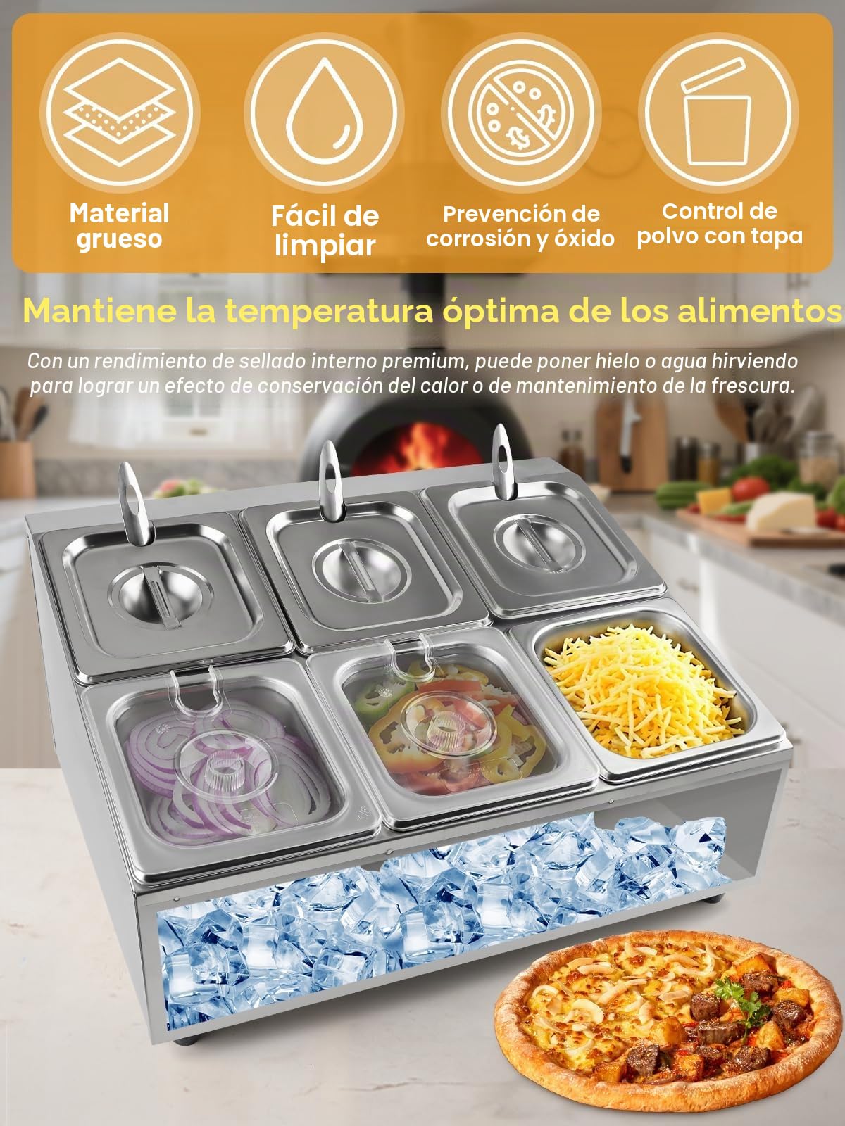 Kalolary - Juego de 6 cacerolas (2 filas de acero inoxidable, con tapas, cucharas, soporte inclinado, encimera, conjunto de contenedores buffet de frutas ingredientes cocina restaurante