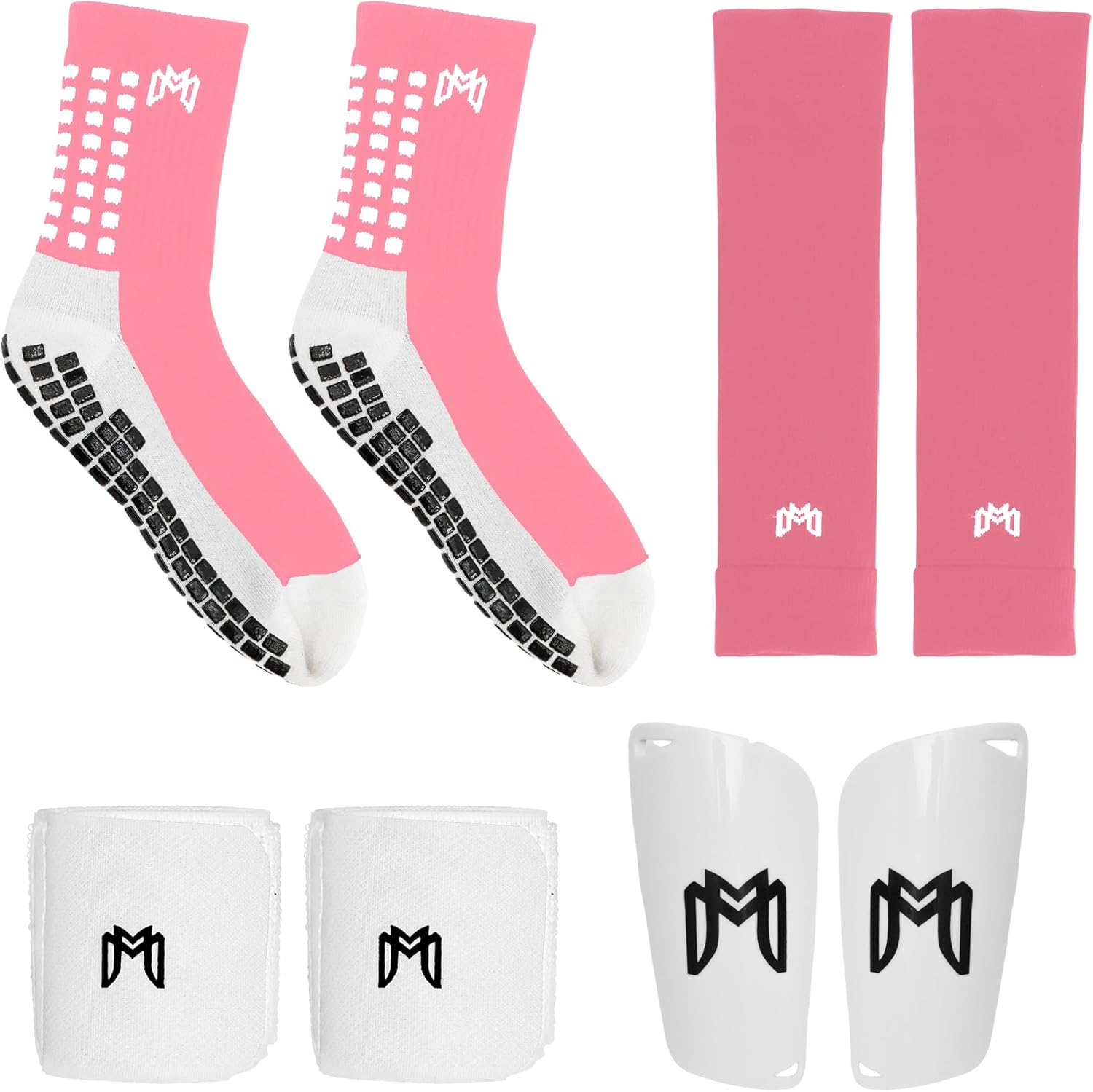 MediCaptain Soccer Grip Socks, Shin Guards, Pre Cut Sock Sleeves, and Guard Straps Bundle Pack - Essential Equipment for Soccer Players - for Mens, Women, Youth, Size 7 to 12 US Men Shoe Size