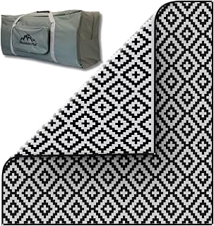 Mountain Mat 8x8 Black & Gray Outdoor RV Mat with Carry Bag – Extra Thick 5mm Recycled Poly Rug – Heavy-Duty, Waterproof, Reversible – Luxury Camping Mat for Patio, Beach (Black, 8' x 8')