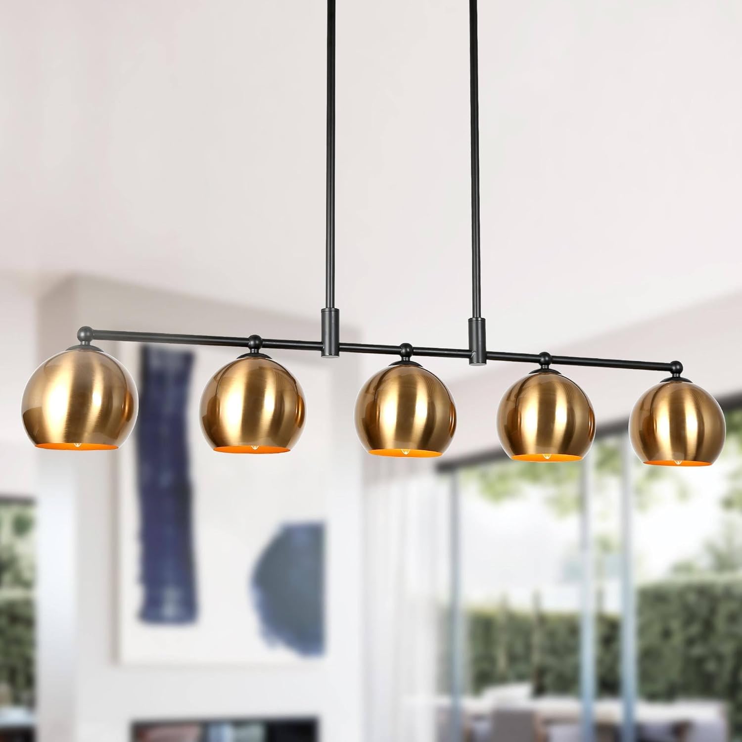 KSANA 5-Light Kitchen Island Lighting, Mid-Century Modern Chandeliers for Dining Room, 38.5" Large Linear Island Pendant Lighting Fixtures, Black Gold Chandelier