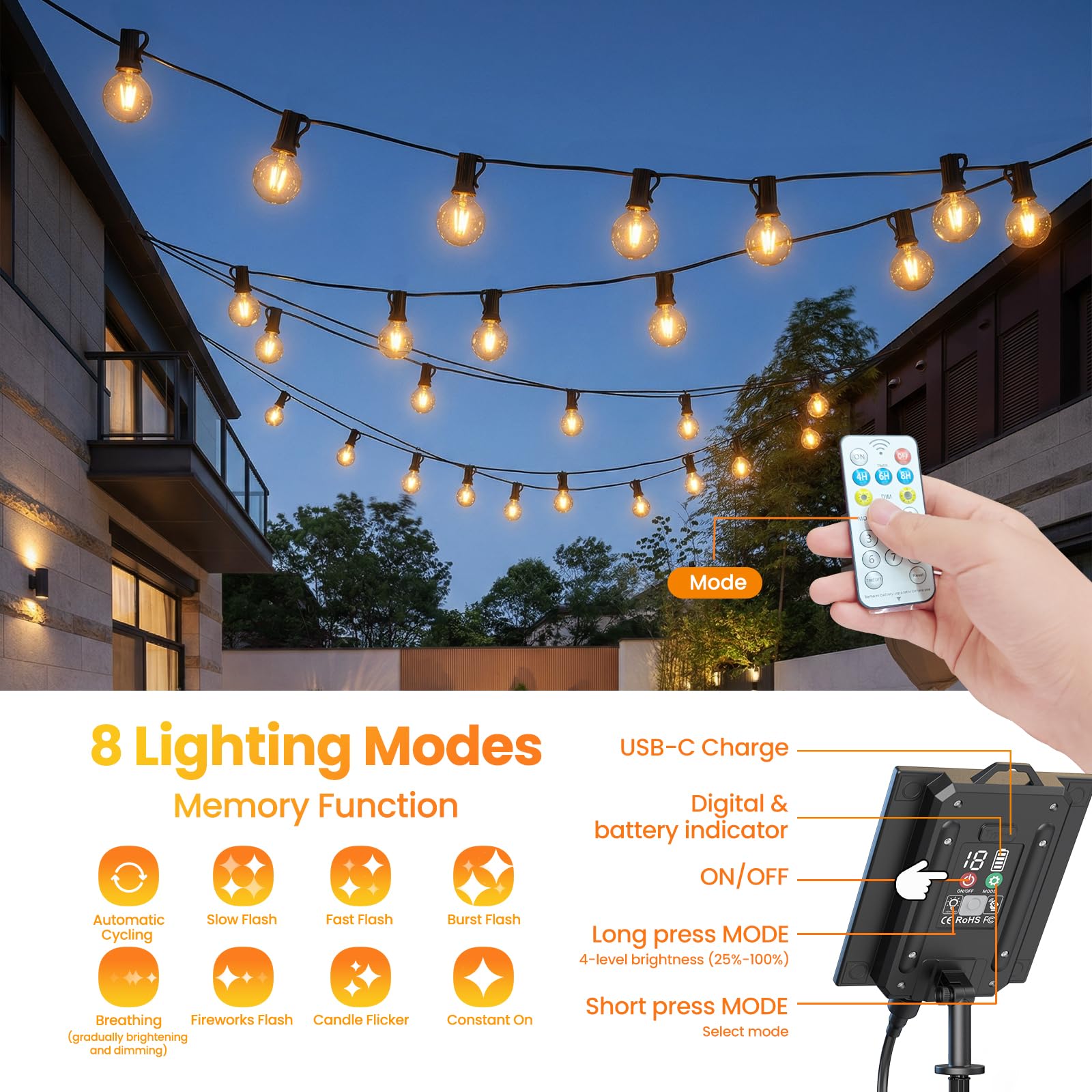 Quntis 19M Guirnaldas Luces Exterior Solar 25+2 G40 LED Bombillas Cadena Luminosa Solares Impermeable 8 Modos Guirnaldas Luminosas Exterior Blanco Cálido para Jardín Patio Cafe Bod