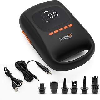Technaxx TX-266, Bomba de Aire de batería para Sup con la función de Power Bank - Batería de 7500 mAh, Paradas automáticas de la Bomba, 2 Luces LED, Carga de Coche de 12 V y Cables USB-C