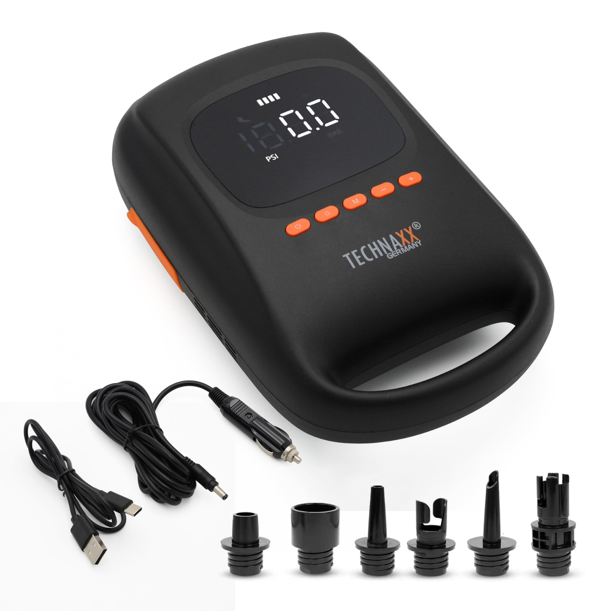 Technaxx SUP Battery Air Pump with Power Bank Function TX-266-7500 mAh Battery up to 3 Stand Up Paddle Boards with One Charge, Automatic Pump Stop, 2 LED Lights, 12 V Car Charging  USB-C Cable