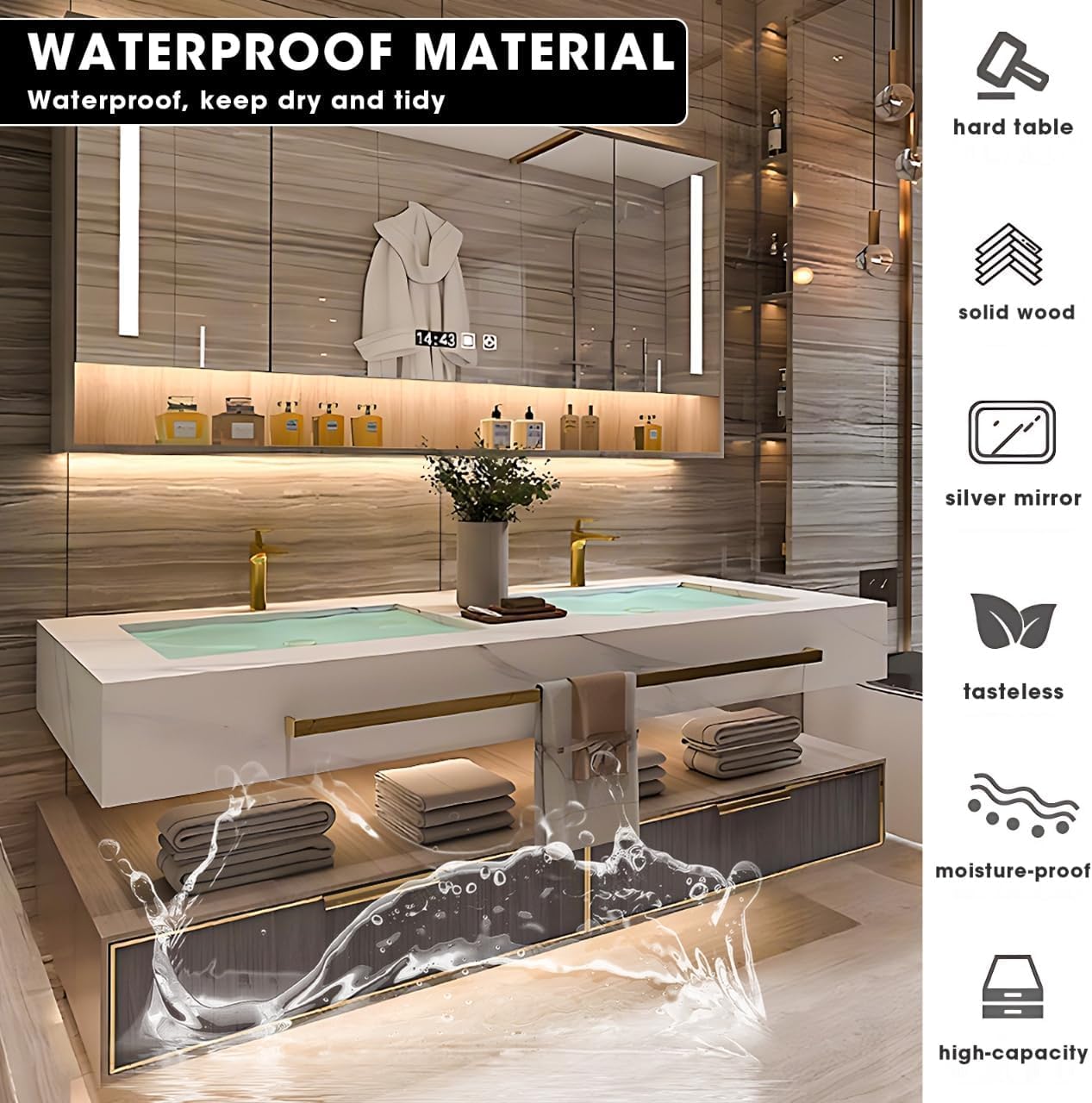 Double Bathroom Vanities with Sink - Floating Bathroom Vanity Includes Modern Metal Luxury Style,Wall Mouted Cabinet with Towel Hanging & Led Light | Slate Countertops （68IN）, Grey