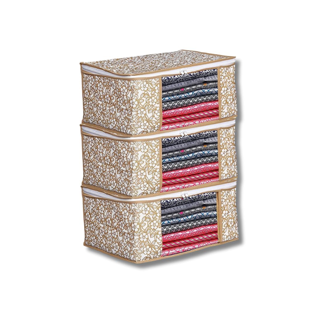 Bindian Multipurpose Saree Cover for Wardrobe Storage | Premium Non-Woven Fabric Cloth Organizer Box with Transparent Window & Zipper | Ideal for Storing Sarees & More (Beige Flower, Pack of 3)