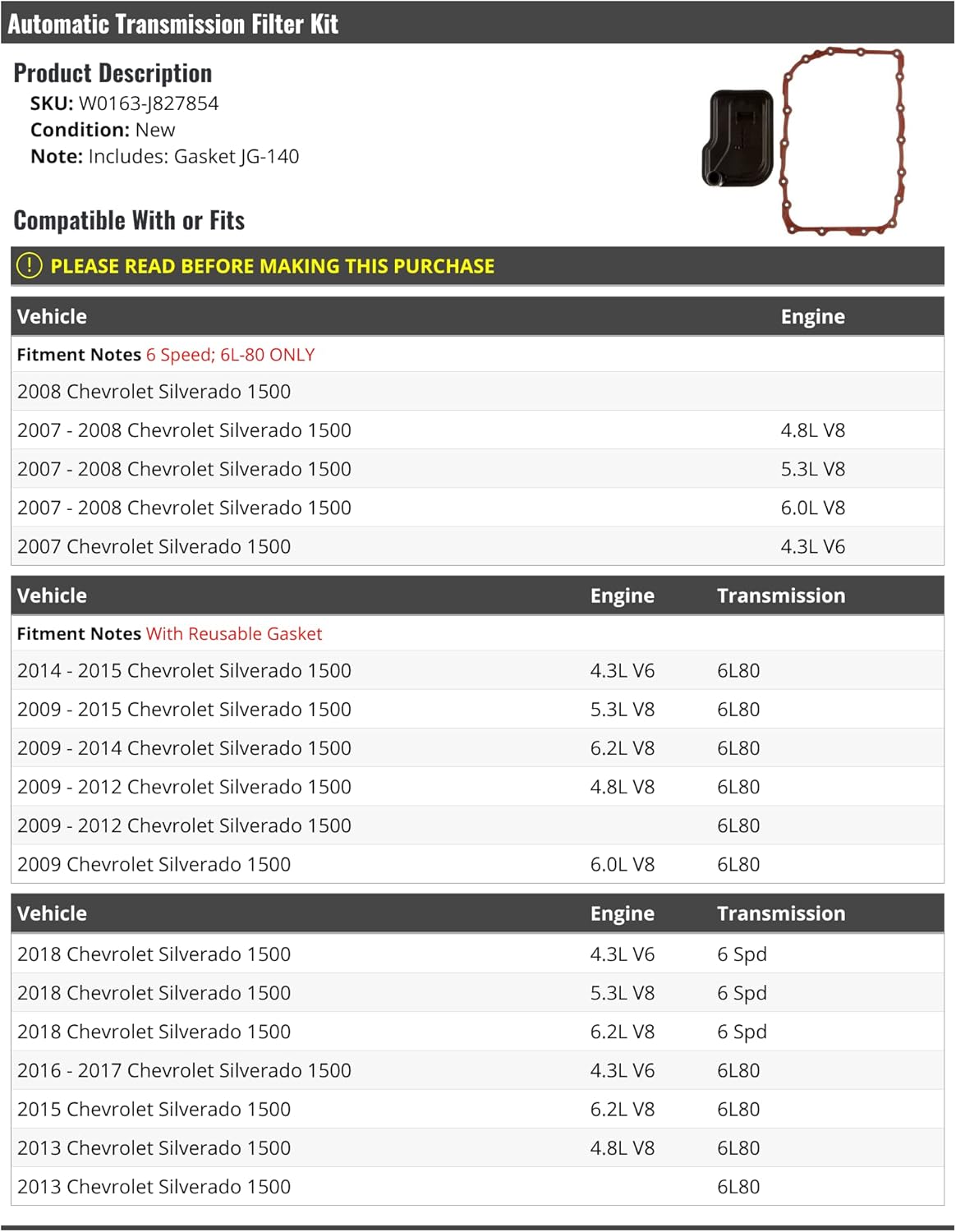 Marketplace Auto Parts Automatic Transmission Filter Kit - Compatible with 2007-2018 Chevy Silverado 1500