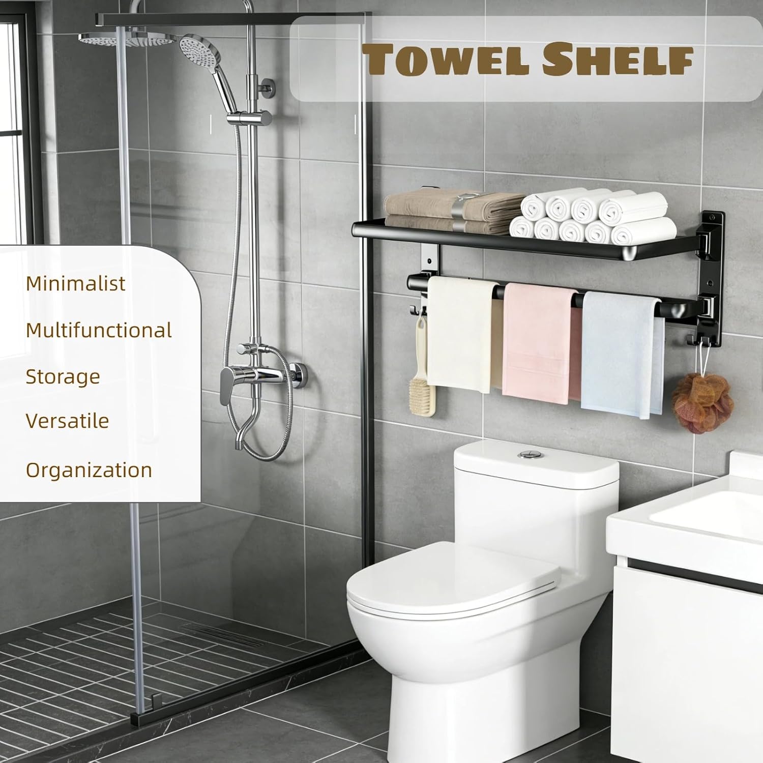 Towel Rack Wall Mounted for Bathroom Lavatory Hotel, 24 Inch Foldable Towel Shelf with Towel Holder Bar and 7 Hooks, Black Matte Towel Storage Organizer, Drill-in or Adhesive Installation