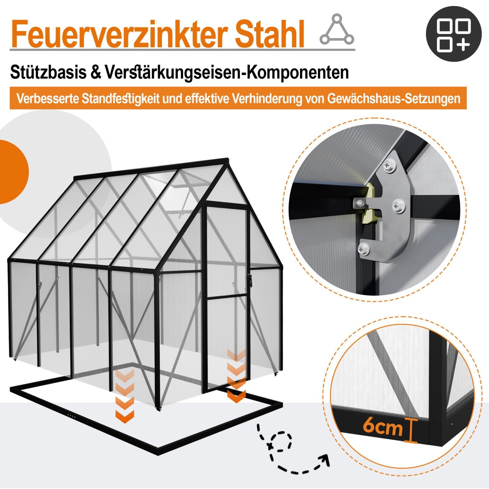 Aluminium Gewächshaus 6x8FT mit Fundamentrahmen & Belüftungsfenster, robustes Tomatenhaus wetterfest & rostfrei ideales Pflanzen- und Gemüsehaus für ganzjährige Anzucht Treibhaus 230x180x195cm
