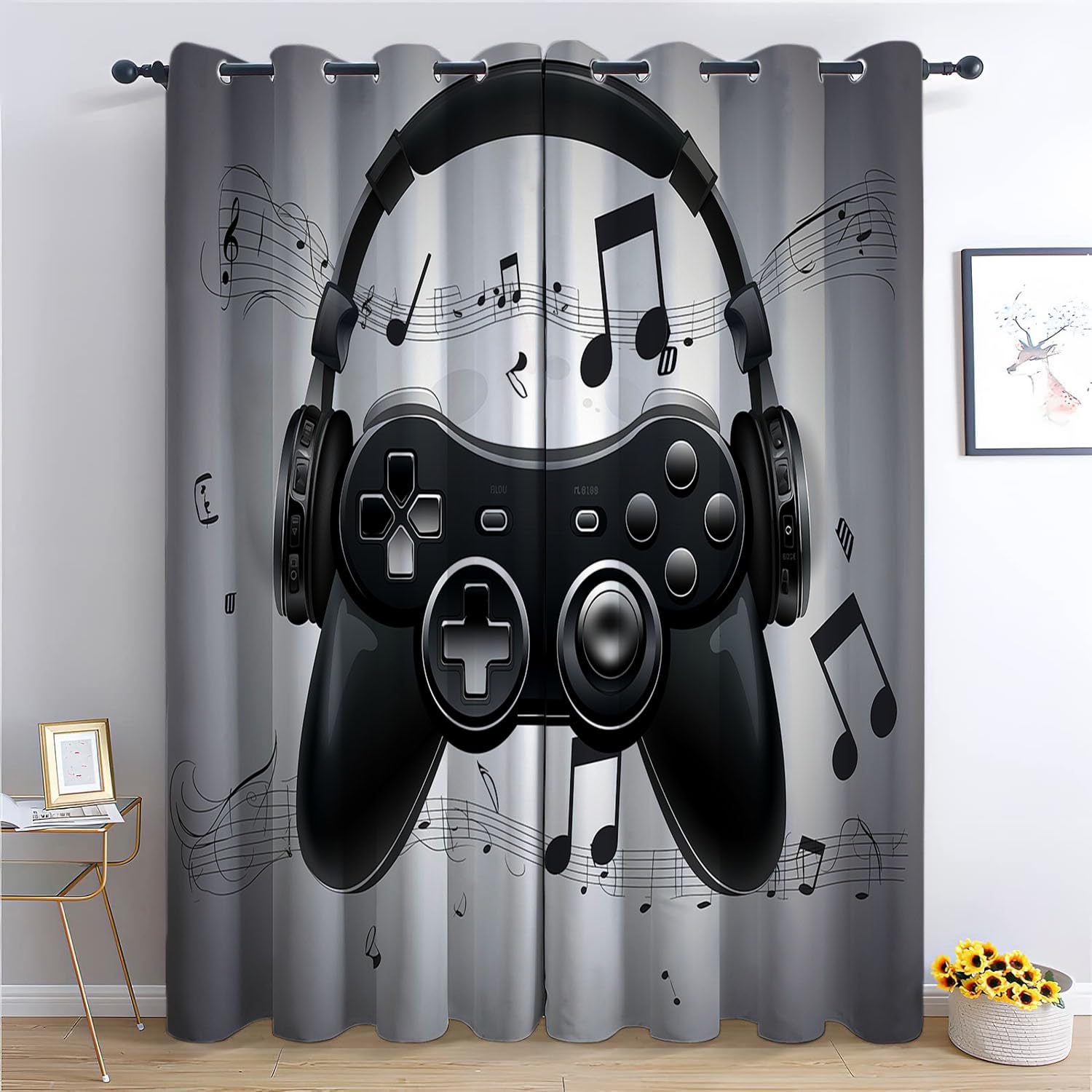 Game Controller Notes Blackout Curtains for Living Room Grey Eyelet Curtains, Blackout Curtains for Bedroom, Thermal Insulated Kids Blackout Curtains, 183(W) X 214(L) cm