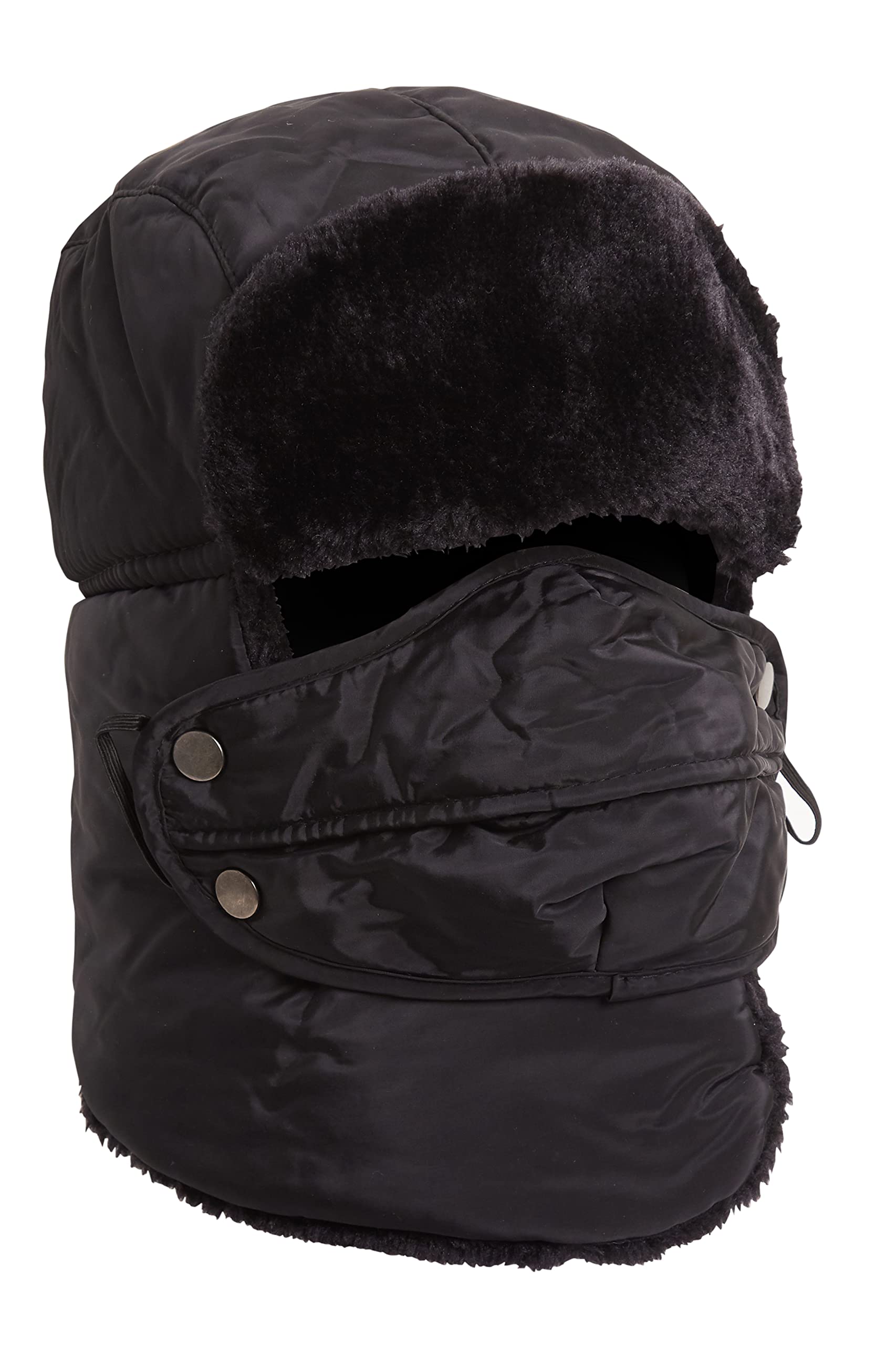 Heatwave 3 in 1 Trapper Hat with Mask Removable Full Face Cover Showerproof Trooper Hats Mens Adults Womens Faux Fur Lining Neck Warmer Ear Flap Skiing Cycling Cap, Black