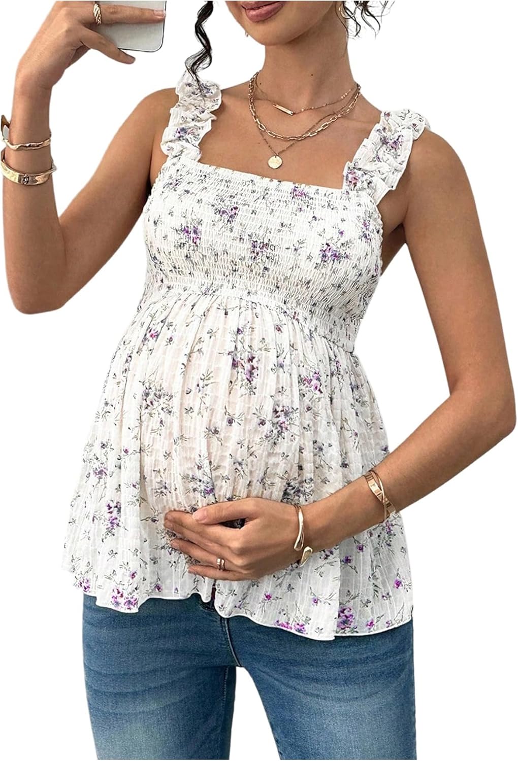 SweatyRocks Women's Maternity Tank Tops Floral Babydoll Top Square Neck Smocked Peplum Blouse Shirts