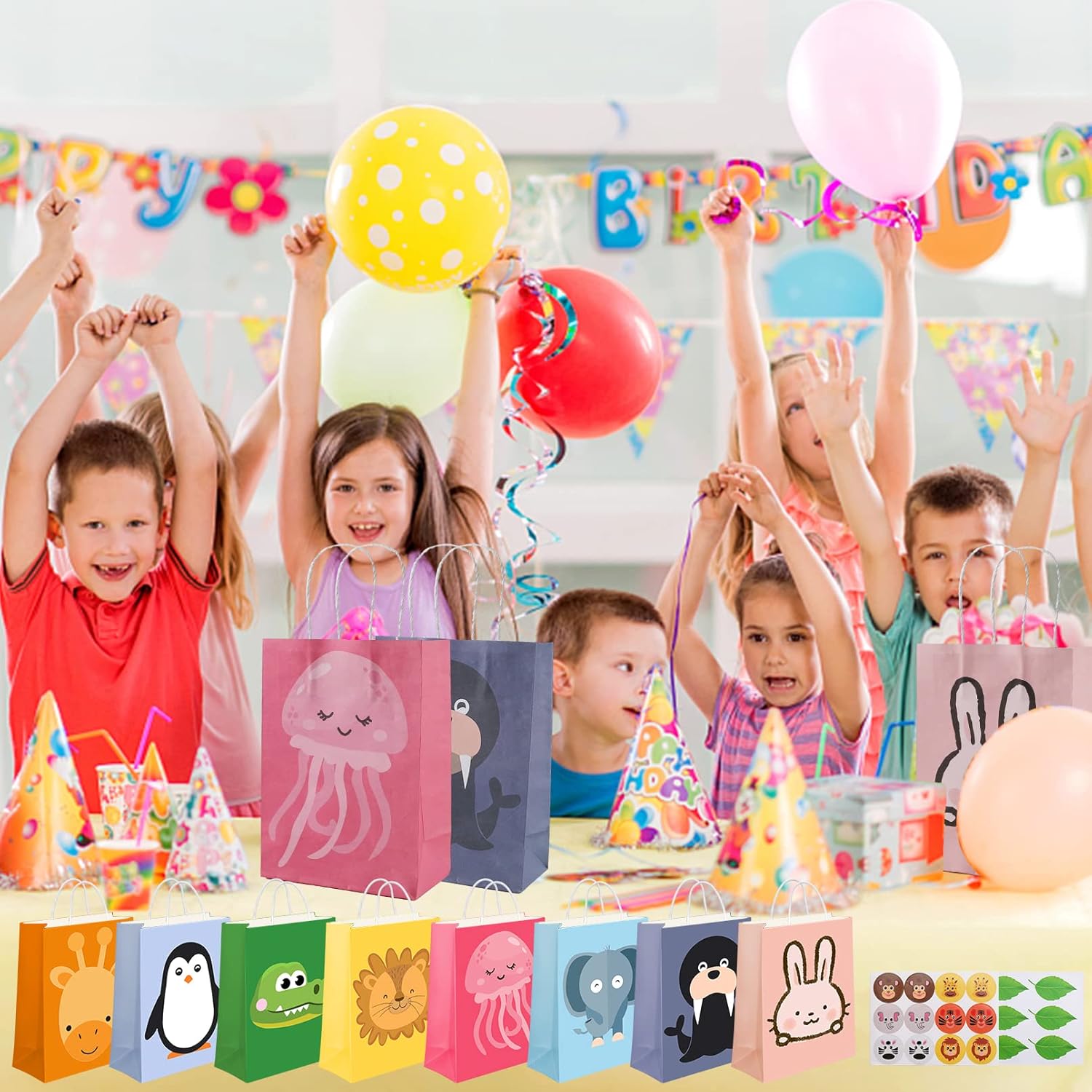 24 Pack Animal Party Favor Bags,Kids Goodie Bags for Birthday Party,Animal Goodie Treat Bags,Colorful Paper Gift Bags with Handles,Candy Bags for Kids Jungle Animals Theme Party Supplies 8 Designs - Image 7
