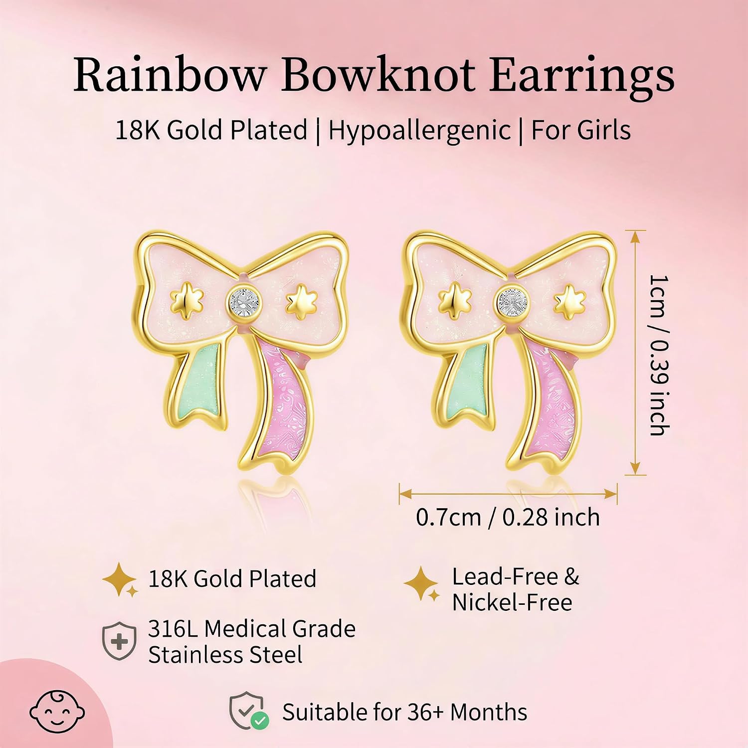 Hypoallergenic Earrings Gifts for Girls - 18K Gold Plated Cute Kids Jewelry