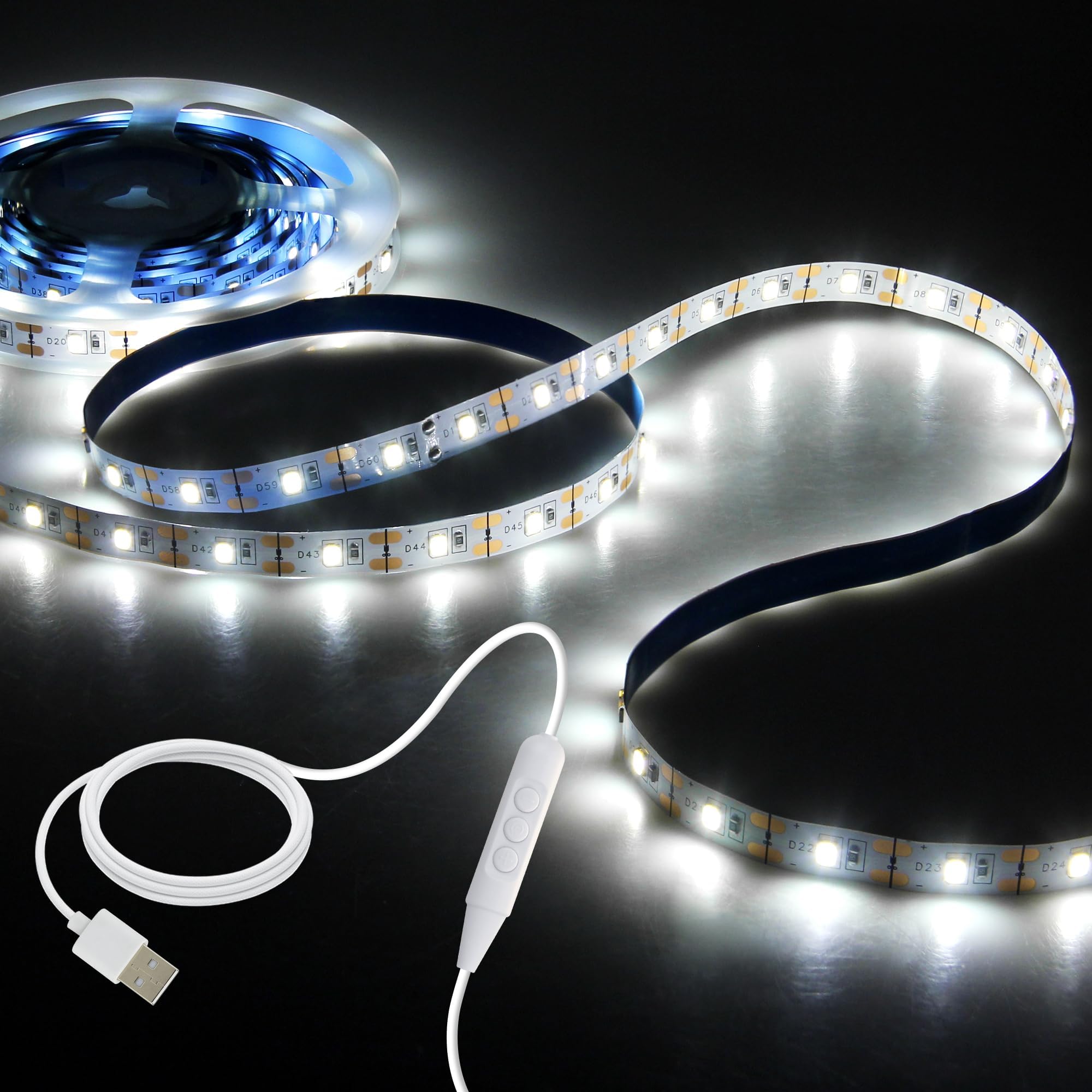 Aclorol USB LED Strip Light Cold White 6000K 16.4ft/5M 300 LEDs Dimmable LED Strip Lights for Bedroom Flexible Tape Lights with 1.5M USB Powered Cable for Mirror Display Cabinet Closet Shelves Decor