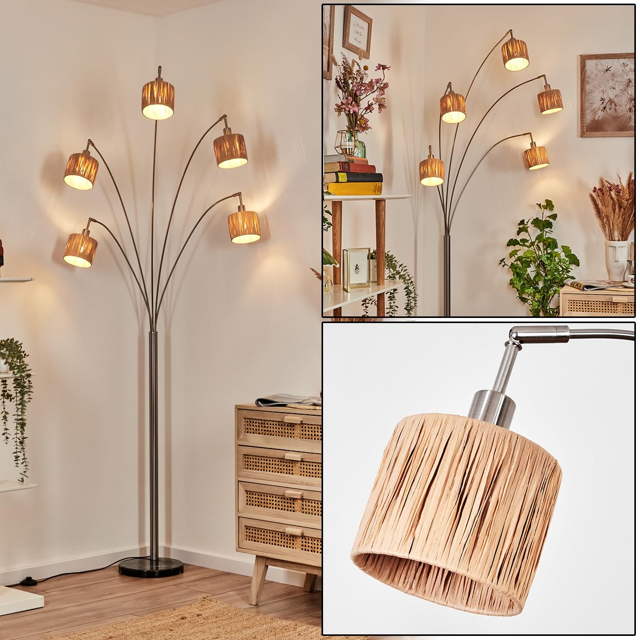 HOFSTEIN Stehleuchte Granja, moderne Stehlampe mit Marmorfuß aus Metall/Bast in Schwarz/Nickel-matt/Naturfarben, verstellbare Leuchte mit Fußschalter, E14, Wohnzimmer, Schlafzimmer, Flur