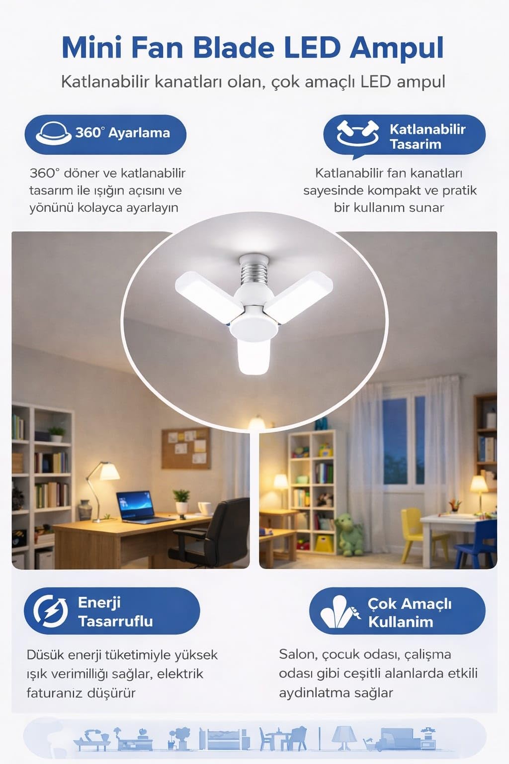 3 Kollu Katlanabilir LED Tavan Ampulü E27 Duy Uyumlu Yüksek Parlaklık Enerji Tasarruflu Modern Tavan Aydınlatma Armatürü Ev Ofis Yatak Odası Salon İçin