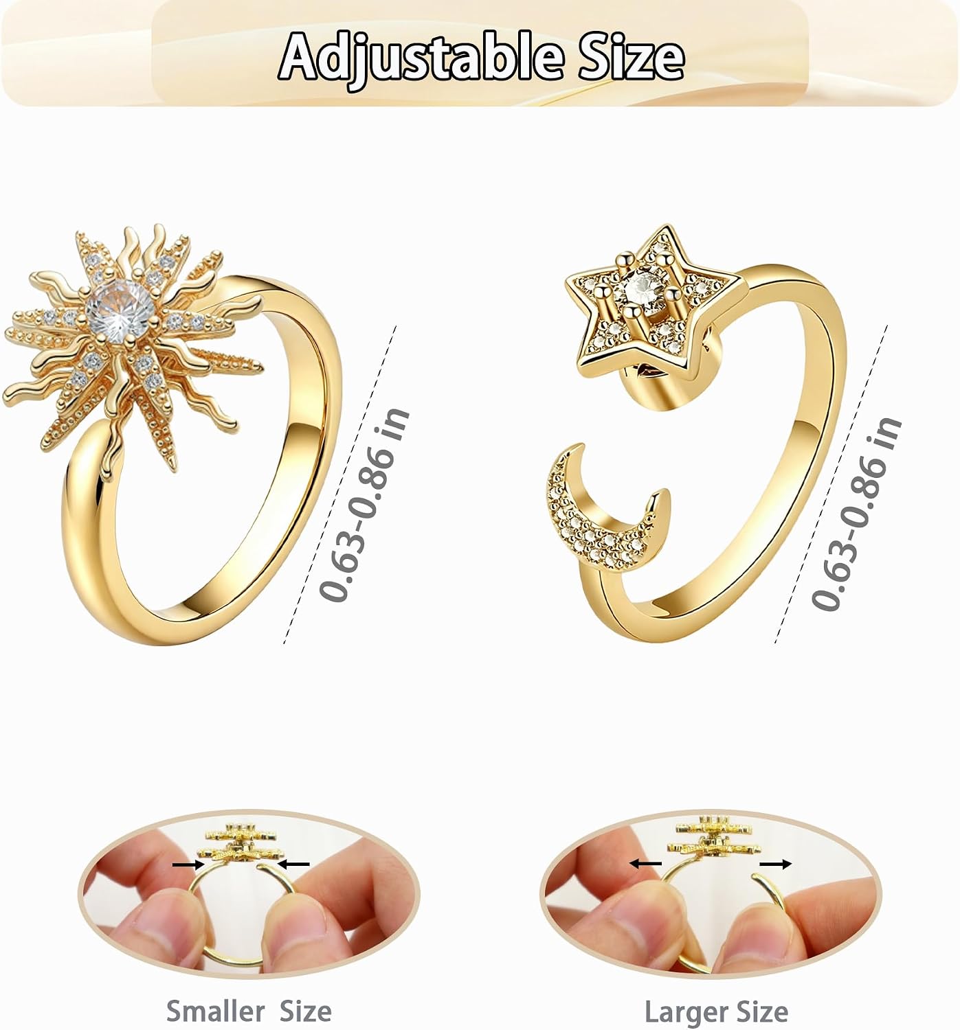 2Pcs Fidget Anxiety Rings for Women, Golden Adjustable Open Spinner Rings for Anxiety, Stress Relief Rotating Rings Sun Star Moon Designs, Fidget Jewelry for Women