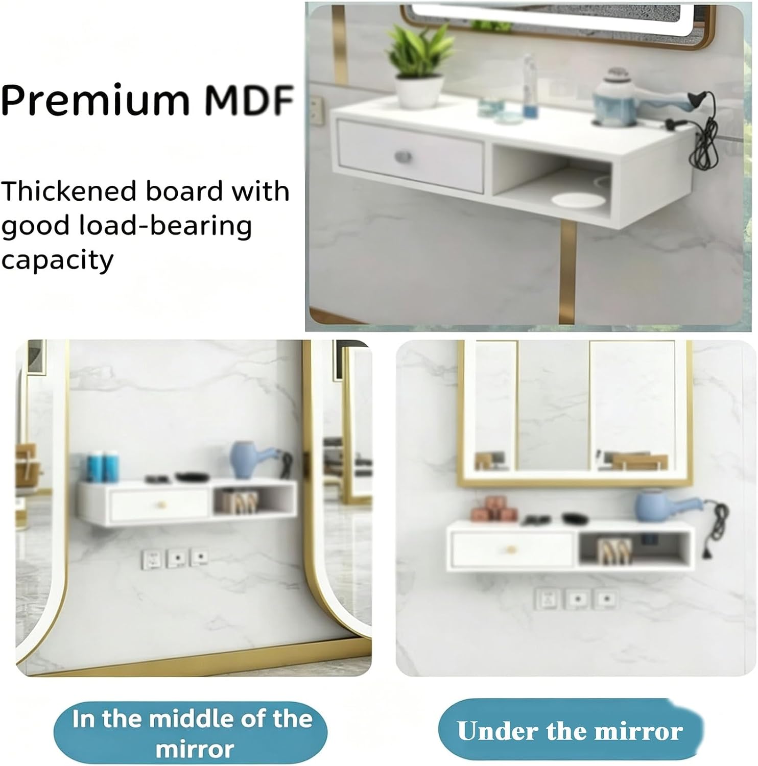 Wall Mounted Salon Organizer, Floating Makeup Vanity with 1 Hair Dryer Holder, Beauty Tool Storage for Bathroom, Salon, and Dressing Room - Space-Saving Design image 4