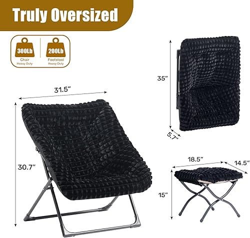 Miniatura 3 de HollyHOME Silla platillo extragrande con otomana plegable, cómoda silla plegable de gran tamaño y reposapiés plegable, silla de lectura de piel