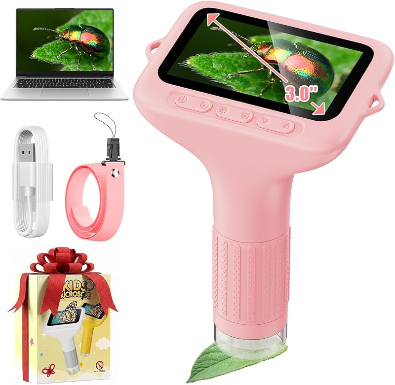 Kids Microscope, 1000X with 3.0" Large IPS Screen (Pink) | Bigger Screen for Easier Discovery, Photo & Video, USB PC Viewing, 8 LED Lights, STEM Toy for Kids