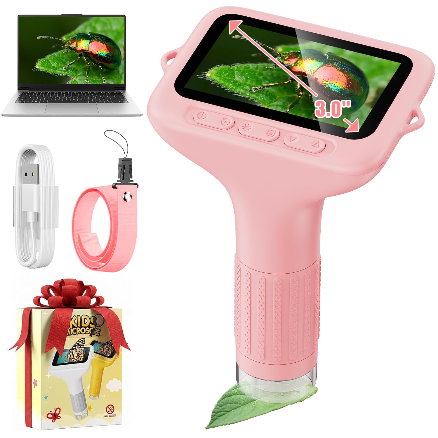 Kids Microscope, 1000X with 3.0" Large IPS Screen (Pink)